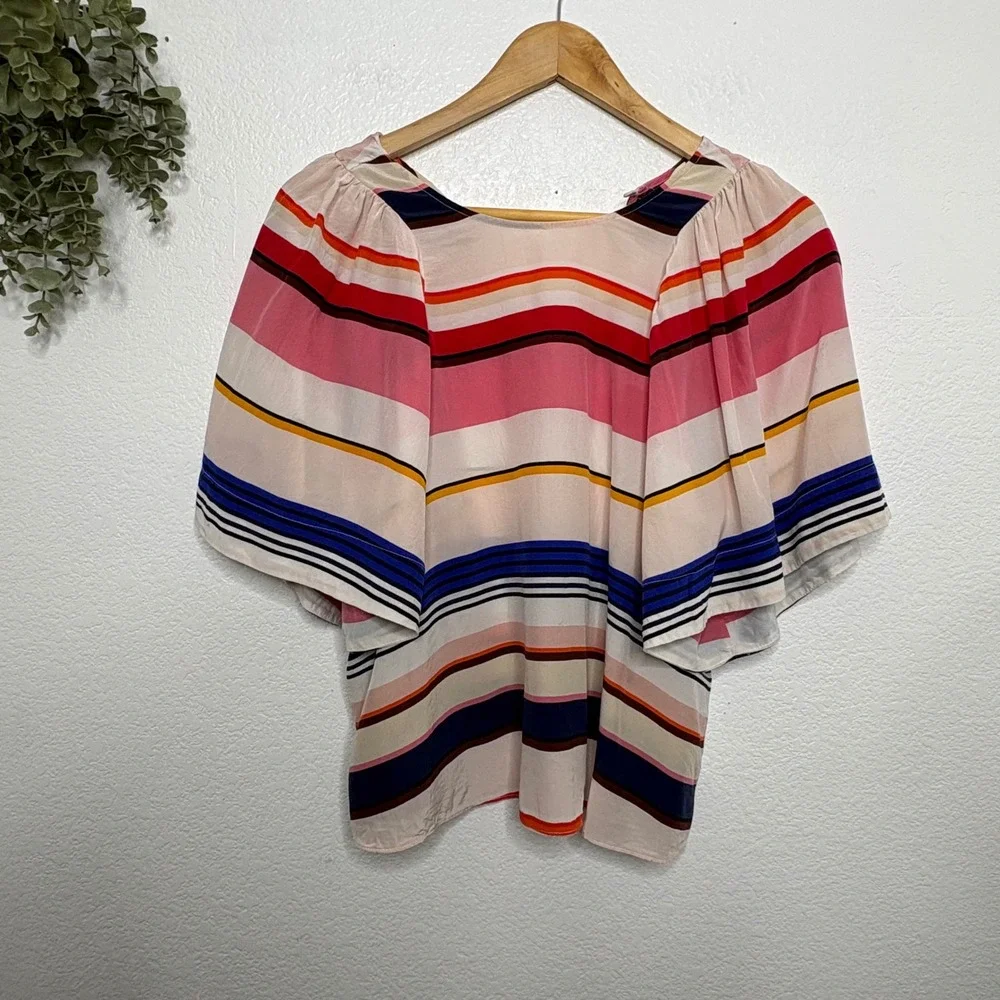 Kate Spade New York 100% Silk Striped Flutter Sleeve Square Neck Blouse Pink